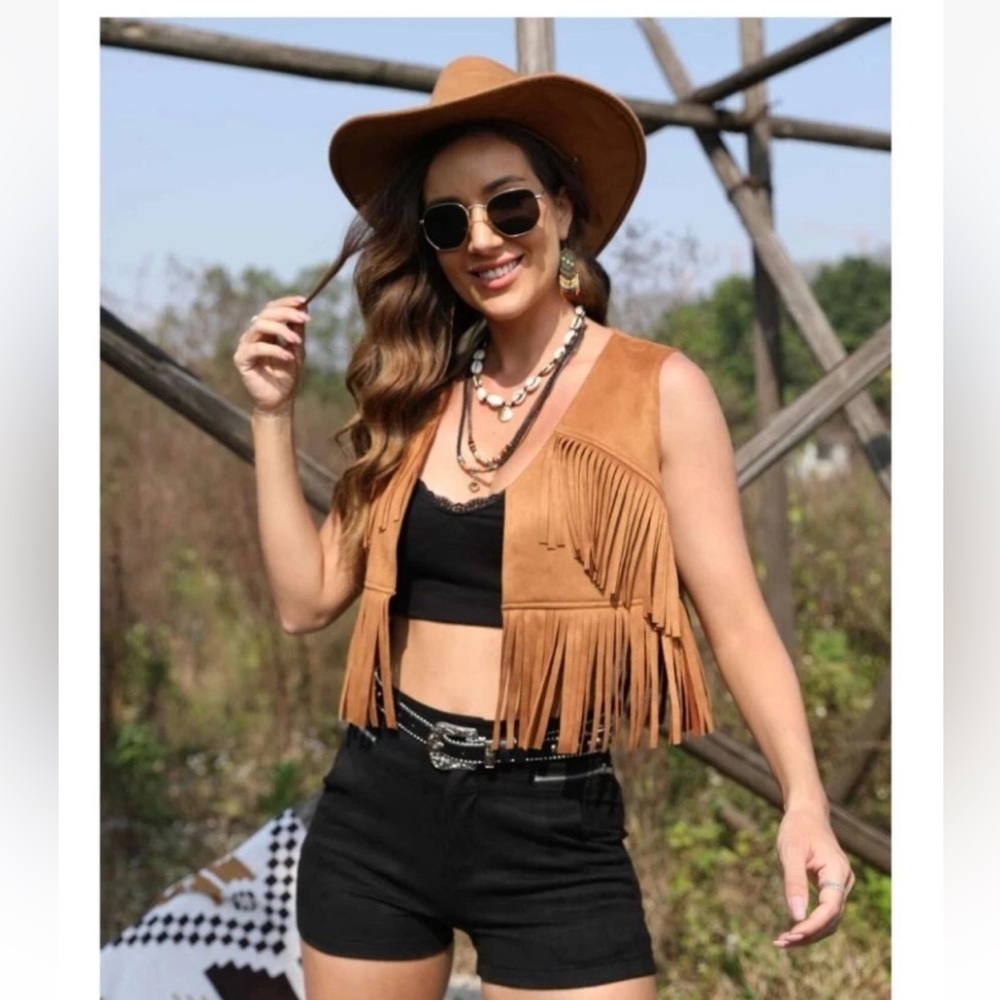 New Fringe Trim Open Front Crop Vest Jacket - Picture 3 of 3